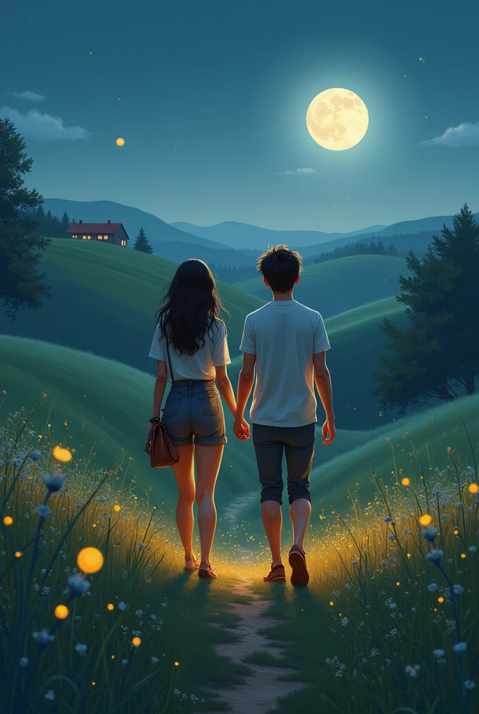 Couple holding hands walking through the countryside under the moonlight