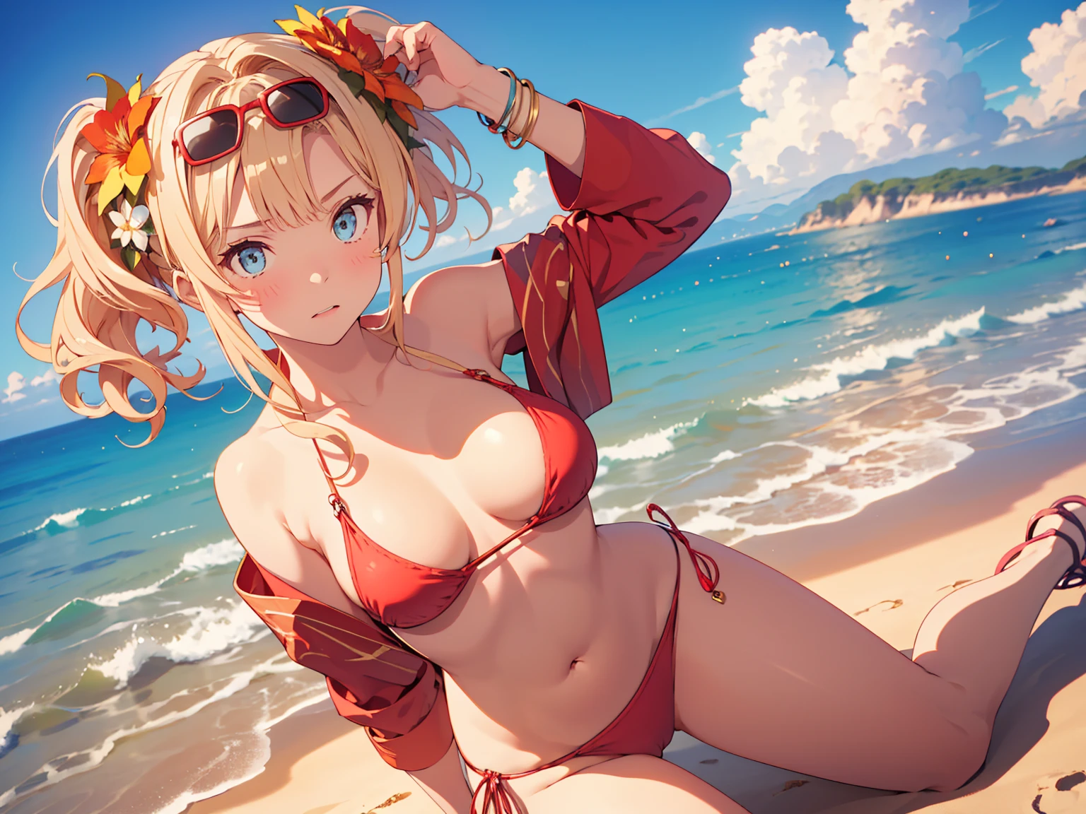 nsfw,( masterpiece), best quality, expressive eyes, perfect face, highres, moody angle, medium breast, full body, solo, embarrassed, erotick expression
, 1girl, zetasummer, hair intakes, twintails, hair flower, sunglasses, eyewear on head, red bikini, o-ring, shawl, side-tie bikini bottom, jewelry, bracelet, breast, nipples, background, beach, ( show off nipple:1.2),( bare breasts, breast exposed:1.3), portrait,