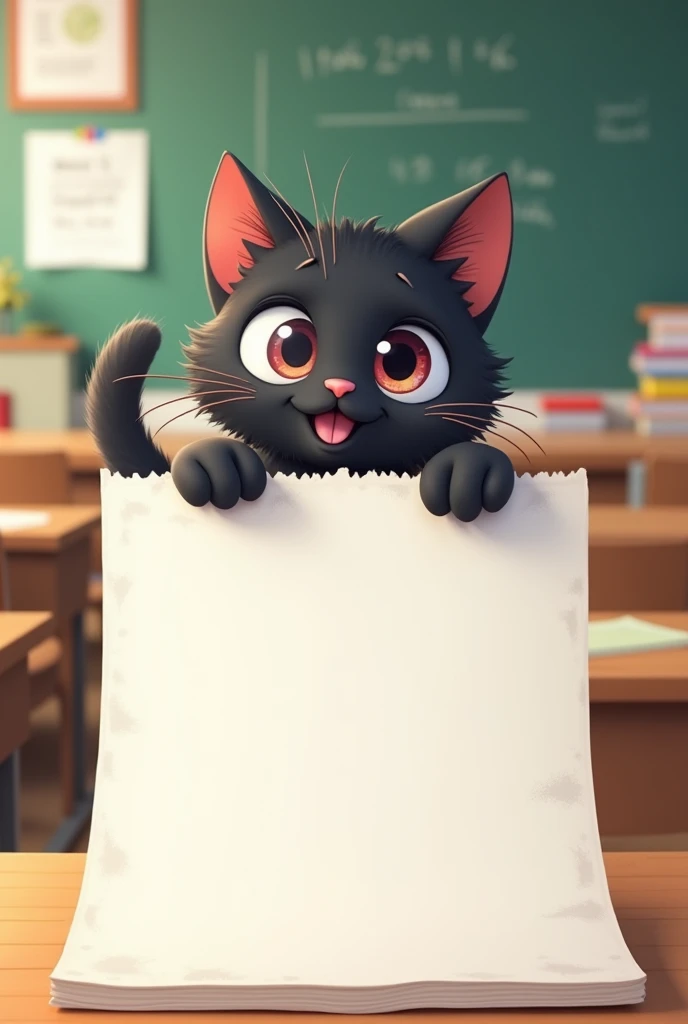 Create a cartoon of a black cat that has only one eye and appears on the right edge of a white piece of cardboard.. The background environment should be a classroom
