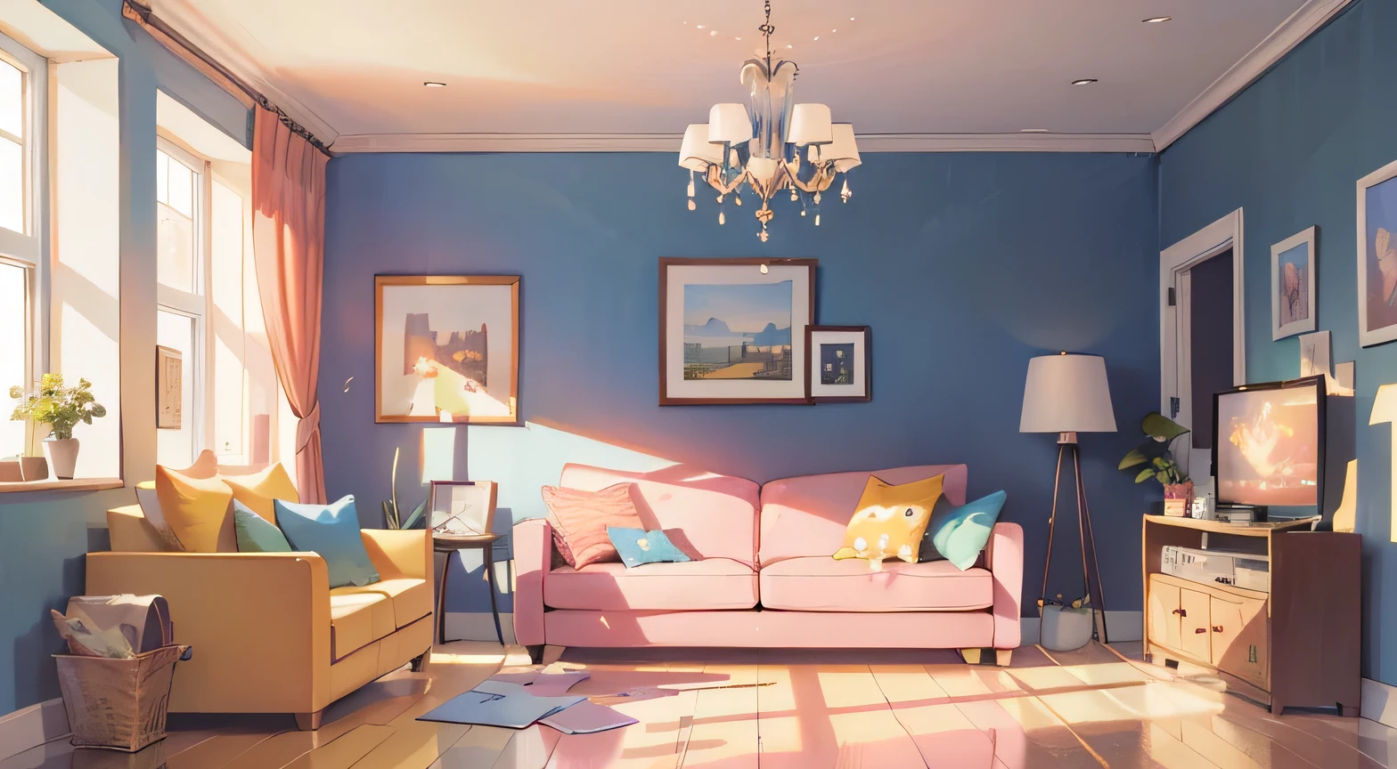 (masterpiece), best quality, Ultra-high resolution, detailed structure, Detailed architecture, (Warm pastel colors), indoor,living room,sofa,window,television,floor,curtain,Cartoon Style。