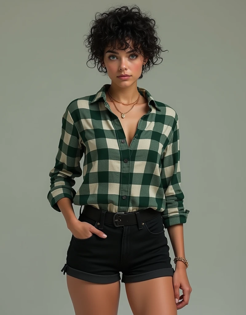 
a Scottish woman with pale skin, blue eyes, short, curly and messy hair, she wears a loose forest green and white gingham shirt, the shirt covers her black shorts, thick and beautiful legs, can be intimidating, dark hair, simple rose gold jewelry.