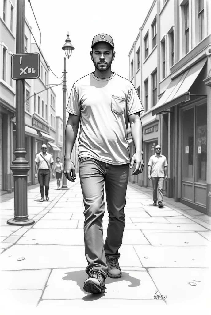 A normal man walking down the street in drawing format where his face cannot be seen