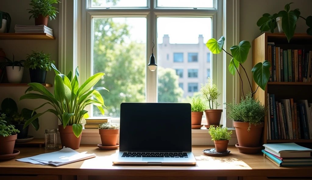 an artist desk with few plants, books, paper, laptop, shelf, drawers, window with a view to a green urban scenery, view directly on to the laptop, laptop screen takes 85% of the image, sun light