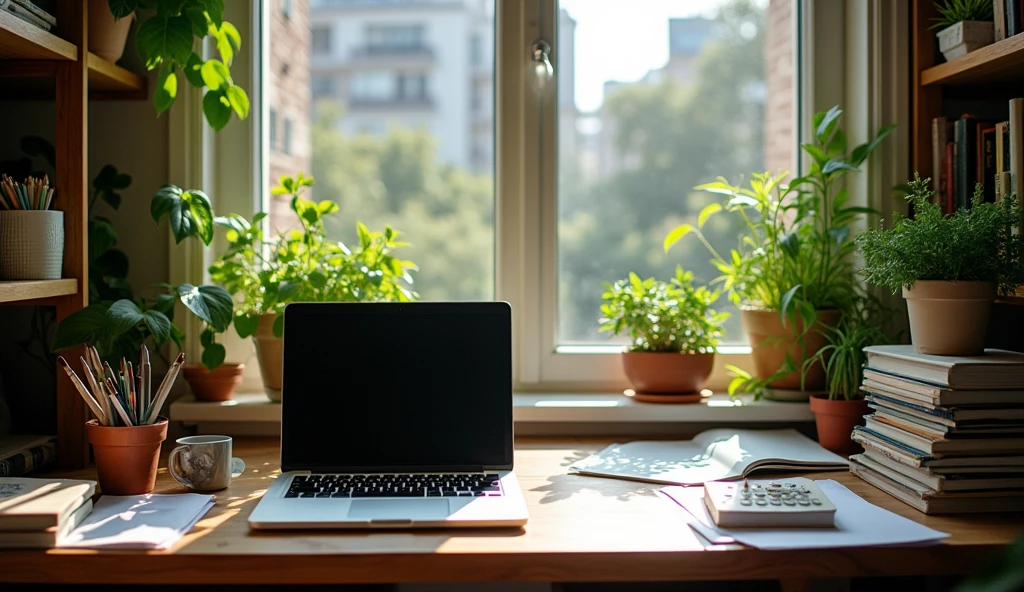 an artist desk with few plants, books, paper, laptop, shelf, drawers, window with a view to a green urban scenery, view directly on to the laptop, laptop screen takes 85% of the image, sun light
