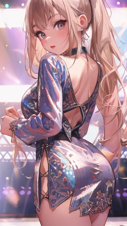 High resolution, Beautiful woman, Attention to detail, Good lighting, Obscene, conversion, ((Backless sequin dress)), ((Red high heels)), Bare thighs, Bare arms, (((Be incontinent))), (Pee), Peeの染み, (puddle), Slender body, Nice long legs, lipstick, Detailed face, Cute Face, Embarrassed and blushing face, Humiliated, ((On the disco stage)), (Squat), (Rear View),Stick your butt out