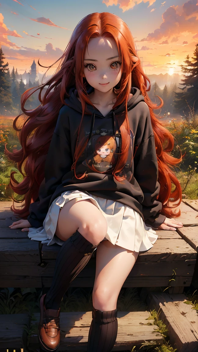 Young girl, (), (little body, small height), (petite girl: 1.35), (adorable face), (big forehead: 1.2), she has a long flowing hair, (red hair: 1.5), (long hair: 1.35), asian features, (brown eyes: 1.5), bright eyes, brown light eyes, (white skin: 1.35), beautiful detailed eyes, cute young girl, (flat chest: 1.35), (((wearing black skirt, a baggy black hoddie and Over-the-knee socks))), high quality clothes, high resolution, (detailed clothes), (loose hoddie: 1.35), (autumn forest, sunset, warm light background))), cute, daring girl, (detailed background), (full detailed 8k), (perfectly detailed face), (enhance anatomy), vfx, highres, sharp, focus, (photorealistic artwork: 1.35), (extremely detailed CG unity 8k wallpaper), (((vibrant colors, vibrant theme))), (dynamic pose: 1.5), cool vibes, fashion girl, happy, flirting expression, uette, (playful attitude), smiling, happy, adorable small girl, joyful girl