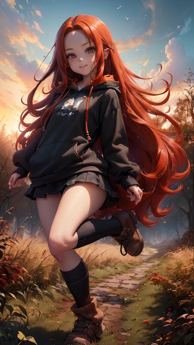 Young girl, (), (little body, small height), (petite girl: 1.35), (adorable face), (big forehead: 1.2), she has a long flowing hair, (red hair: 1.5), (long hair: 1.35), asian features, (brown eyes: 1.5), bright eyes, brown light eyes, (white skin: 1.35), beautiful detailed eyes, cute young girl, (flat chest: 1.35), (((wearing black skirt, a baggy black hoddie and Over-the-knee socks))), high quality clothes, high resolution, (detailed clothes), (loose hoddie: 1.35), (autumn forest, sunset, warm light background))), cute, daring girl, (detailed background), (full detailed 8k), (perfectly detailed face), (enhance anatomy), vfx, highres, sharp, focus, (photorealistic artwork: 1.35), (extremely detailed CG unity 8k wallpaper), (((vibrant colors, vibrant theme))), (dynamic pose: 1.5), cool vibes, fashion girl, happy, flirting expression, coquette, (playful attitude), smiling, happy, adorable small girl, joyful girl