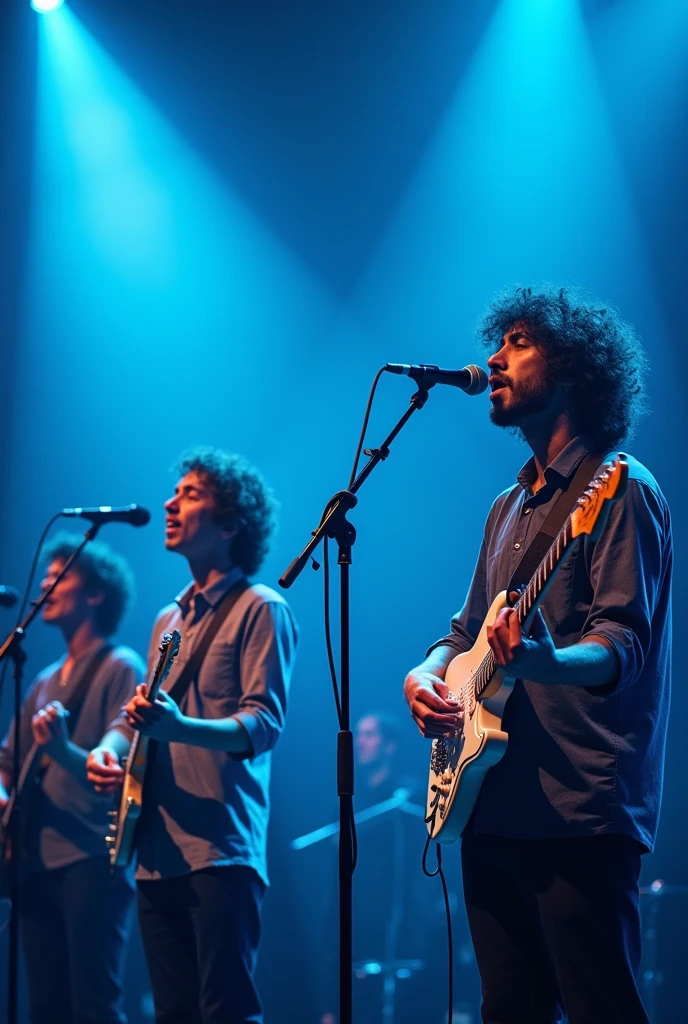 (Maximum quality, work of art: 1.3) band on stage, singing and playing, cerulean, Face ultra detailed,