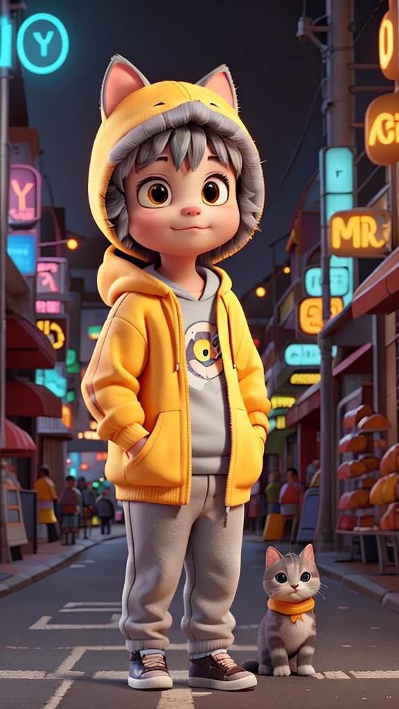 Fat gray kitten in yellow hooded sweatshirt, Walking on a street full of neon tubes, Meet the puppy in orange shirt, They eat chocolate together.