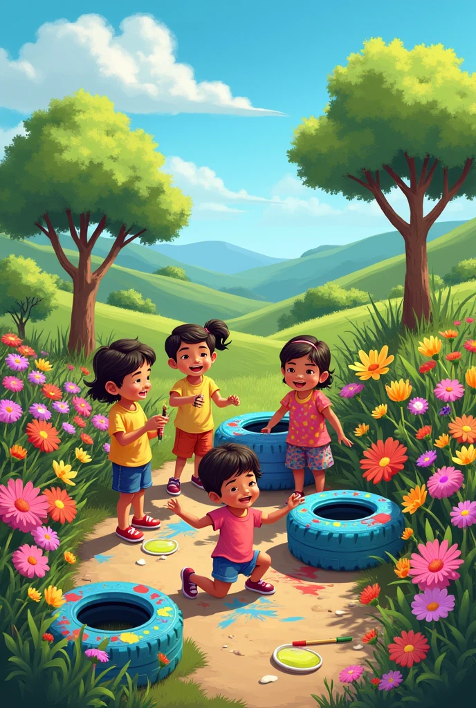 Create a cartoon image that has Chilean children and people painting tires and planting lots of flowers Color: Use vibrant colors that attract attention.