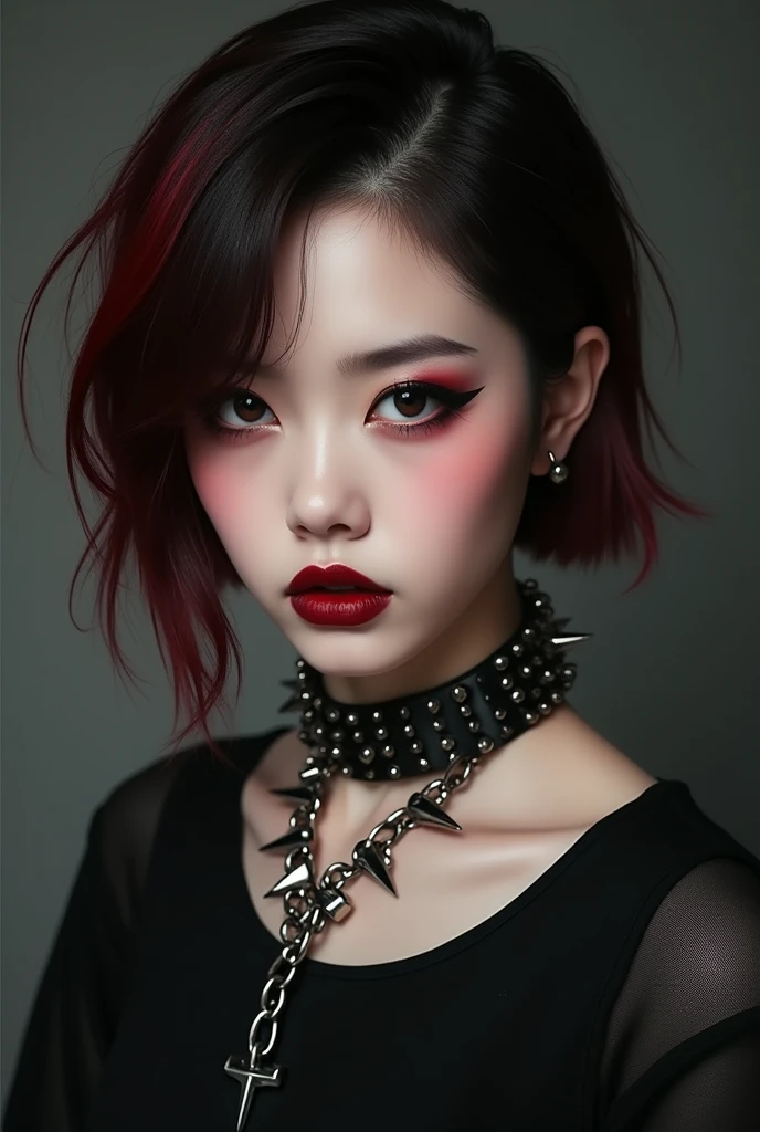 A Korean girl with gothic style. She has dark, striking eye makeup., dark red lipstick on the lips. Her hair is short and slicked back with some red highlights.. She is also wearing a spiked leather necklace that complements the edgy, alternative look.. She looks directly into the camera with an intense gaze., the head is tilted slightly to the side but she is facing forward. Medium shot 