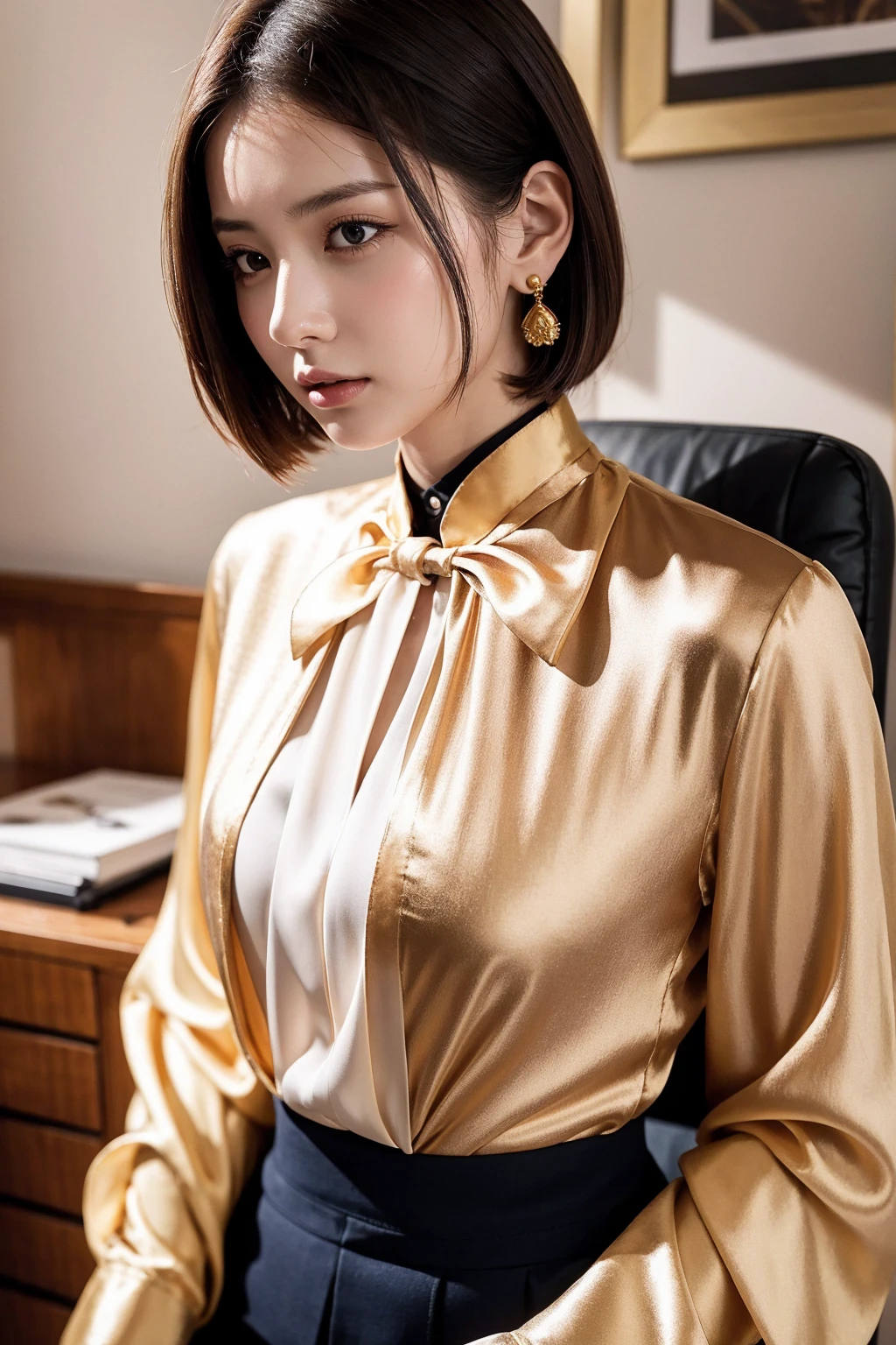 スカートとWearing a blouse写真を撮る女性, Portrait by Galen Dara, CG society hot topic, Renaissance, Wearing a blouse, Flowing salmon-colored silk, Dressed in silk, intricate silk clothing, Elegant slim beige shirt, Gold Shirt, Gold Silk, Wearing silk clothes, Office Clothes, Cream colored blouse, Brown shirt, satin