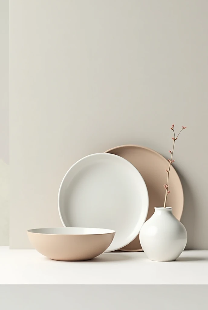 A plate, a bowl, and a ceramic vase are arranged in a minimalist style on a white, beige, and gray rectangular background

