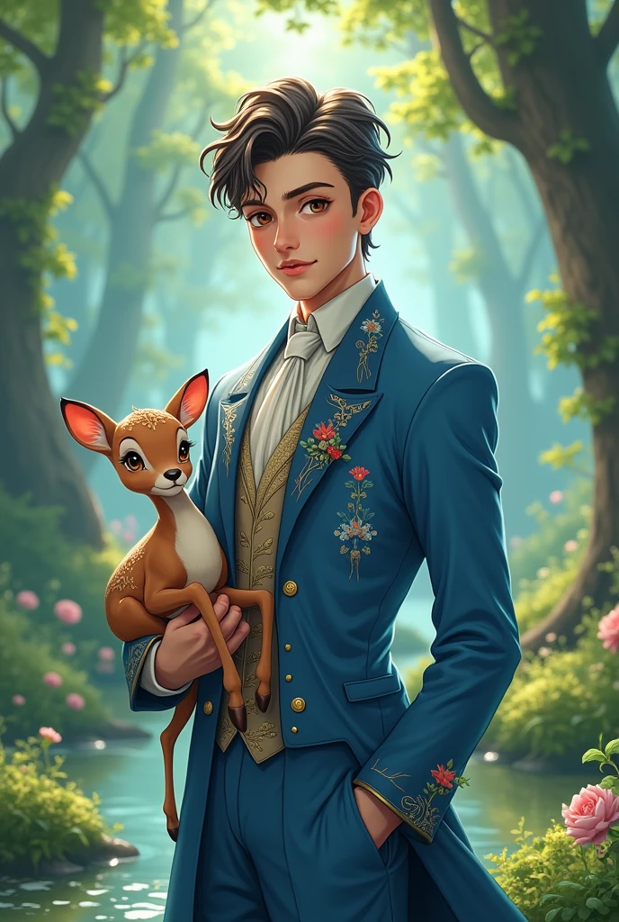 (anime)
Create the prince of vegetables A human man dressed in blue accompanied by his pet baby deer