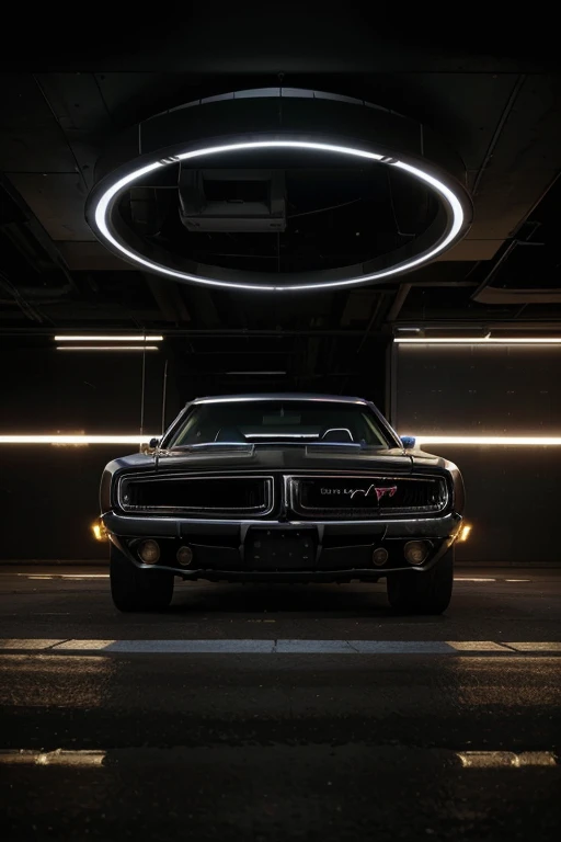 Ok I want the image of a 1970 Dodge Charger with LED lights in a futuristic city and in one building it says exclusive collection and in the other building I want the name of my brand to be there and in the sky environment or the entire environment I want it to be retro