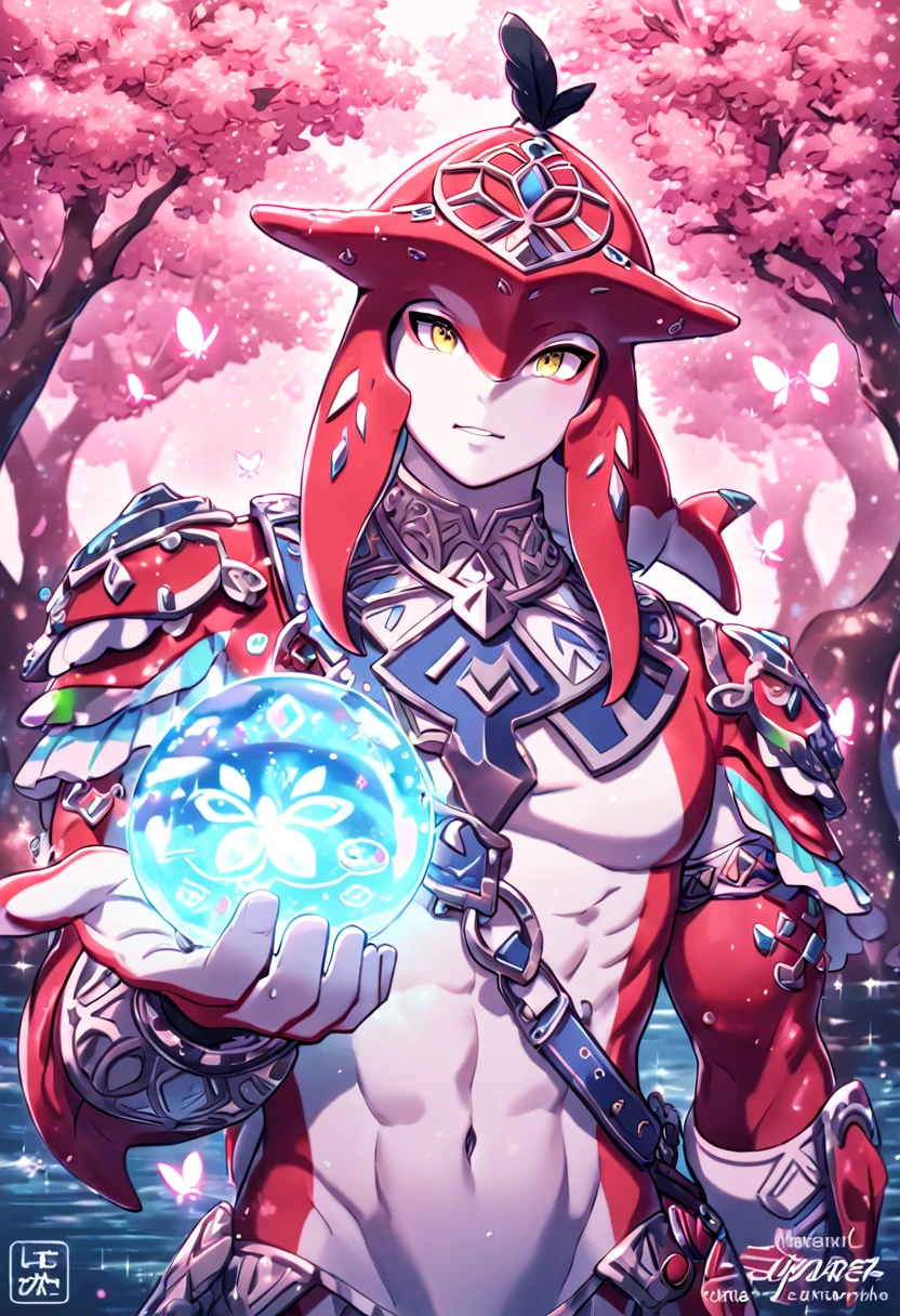 absurdres, highres, ultra detailed, HDR, master piece, best quality, extremely detailed, Sidon, white skin, expressive yellow eyes, The Legend Of Zelda Breath Of The Wild, solo, sexy zora, manly zora, red zora, handsome, prince, water, under a pink tree, fantasy, magical, glittering fireflies, pink butterflies, pink flames, glass magic, pink leaves