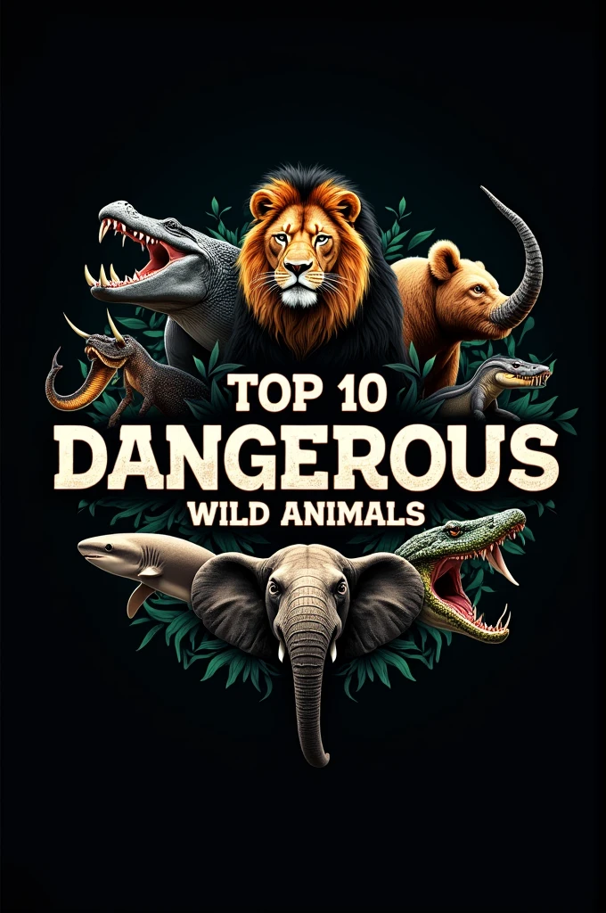 Create a logo with “Top 10 Most Dangerous Wild Animals” in a bold, impactful font at the center. Surround the text with realistic illustrations or icons of the Nile Crocodile, African Lion, Hippopotamus, Saltwater Crocodile, Grizzly Bear, Cape Buffalo, Great White Shark, Elephant, Komodo Dragon, and Indian Saw-Scaled Viper. Use a dark background for contrast.