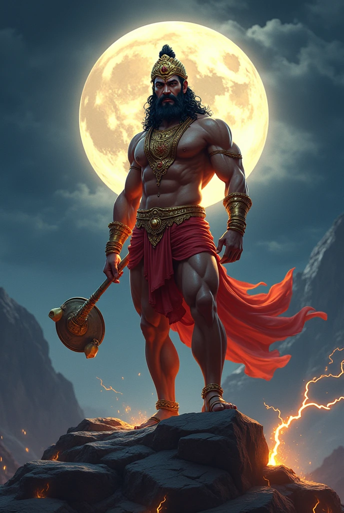 "Create an epic digital painting of Lord Hanuman standing majestically on a rocky outcrop with a full moon in the background. Hanuman is depicted as a powerful and muscular figure, adorned with golden jewelry, a crown, and a red dhoti. He is holding a large mace (Gada) in one hand, and his posture is heroic and imposing. The scene is set against a dramatic night sky with lightning and glowing effects around Hanuman, highlighting his divine aura and strength."
Let me know if you'd like any modifications!