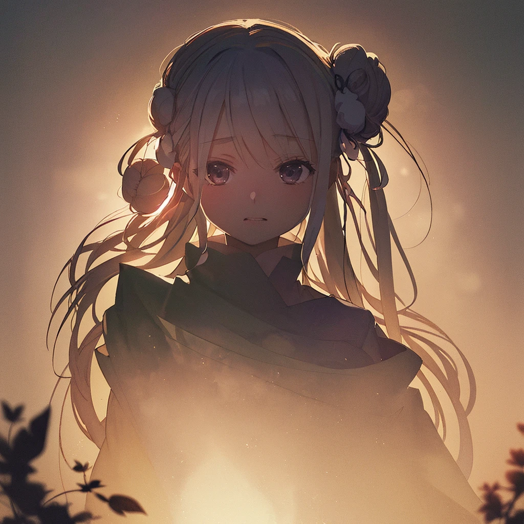 1 person、(),(((silhouette:1.3)))、 (Hair Ribbon:0.4),(((Bun Hair))),(((Very long hair))),Kunimi Tama,(Face close-up),Blacksmithing、leaf、rose、Abstract、Zhou Haoguang、(Blurred Background、Blurred foreground、Depth of written boundary:1.3)、Swirling Mist、Iridescent mist、Traditional Texture、Dripping