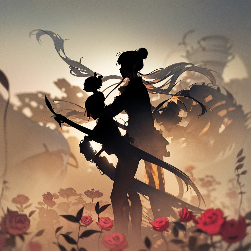 1 person、(),(((silhouette:1.3)))、 (Hair Ribbon:0.4),(((Bun Hair))),(((Very long hair))),Kunimi Tama,(Face close-up),Blacksmithing、leaf、rose、Abstract、Zhou Haoguang、(Blurred Background、Blurred foreground、Depth of written boundary:1.3)、Swirling Mist、Iridescent mist、Traditional Texture、Dripping