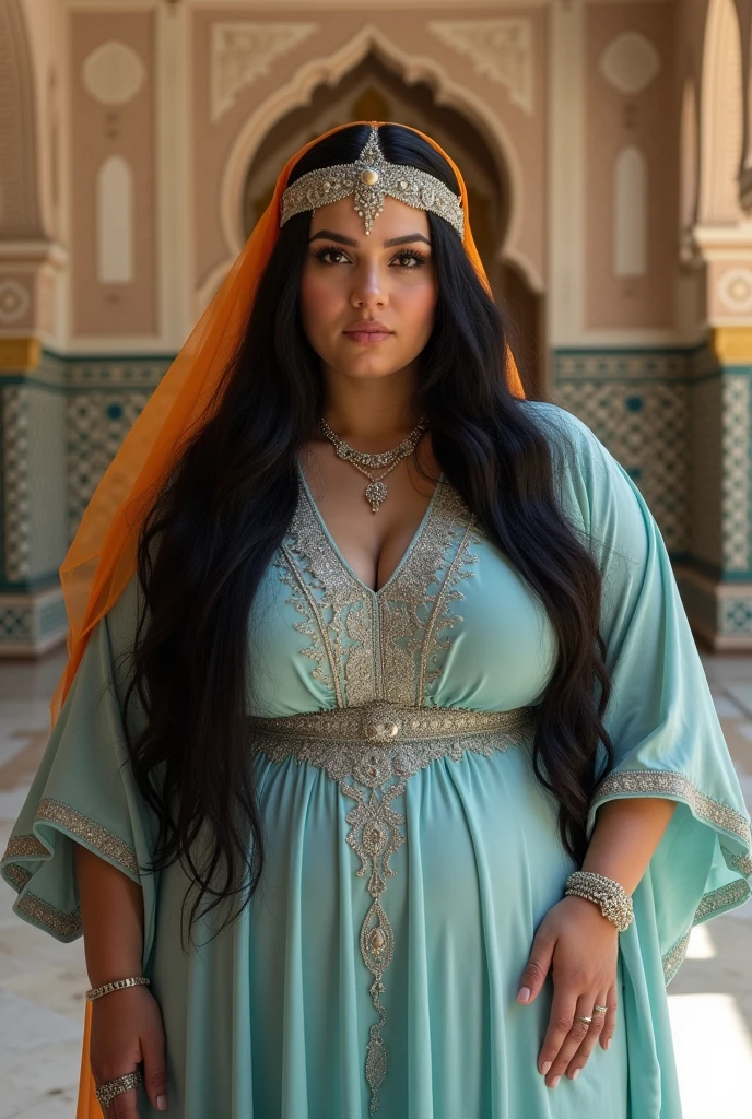 portrait of chubby woman inside Alhambra with very very Long hair black, crowned with arabic headress middle age, blue mayan kaftan, gold jewelry, Al andalus Era, ethereal Vibe.