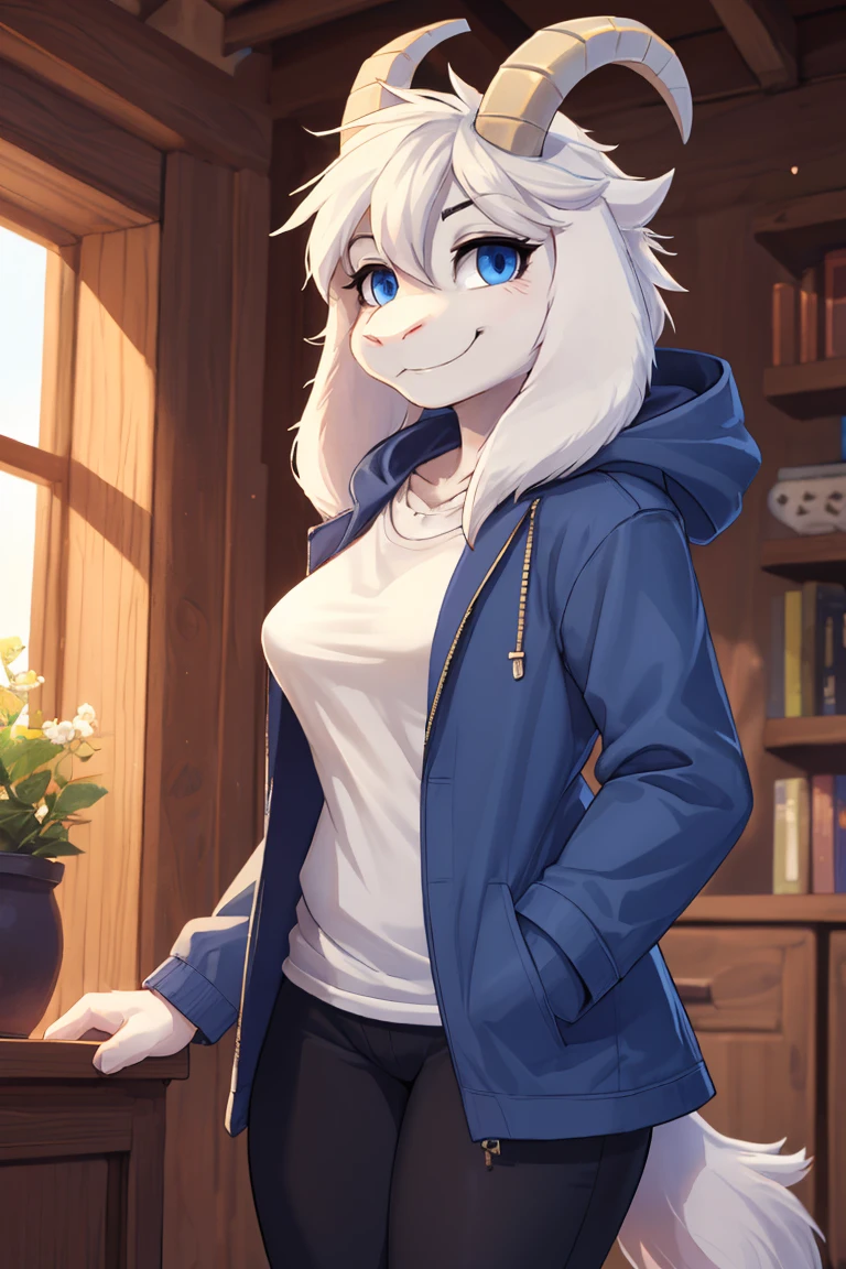 woman, teenager, alone, in a house, hairy, goat, anthropomorphic goat, Asriel, Undertale ((Asriel Dreemurr)), average breasts, big ass, average hips, perfect body, tall, ((long hair, long white hair) ), blue eyes, anthropomorphic face, cartoon, smile, Eskimo coat (blue coat, no drawing), Eskimo coat, metacarpal paw, (black t-shirt, black pants), goat tail, short horns, white horns ((ears droopy, big ears)), looking at the viewer, goat paw, anthropo paw, detailed, better quality, better detail, details and quality.