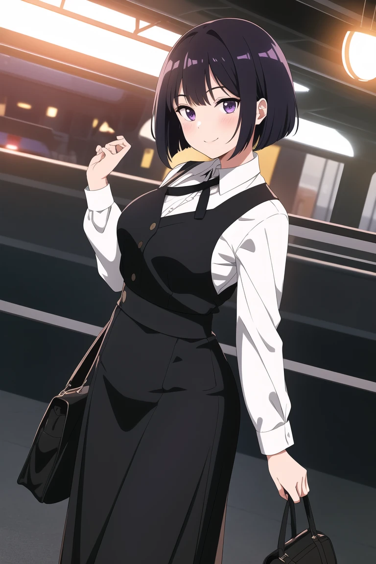 score_9, score_8_up, score_7_up, source_anime, best quality, amazing quality, absurdres, rating_safe, very aesthetic, 1girl, purple eyes, wariza, medium hair, bob cut with layers, black hair, portrait, starshadowmagician, solo, 1 girl, best perfect anatomy, thin, curvy body, medium breasts, close up shot on person, a girl showing happy, smile, blush, cowboys angle shot, looking at viewer, Hide your arms behind your back, standing pose, white long sleeve formal shirt, black tie, long black maxi skirts, black socks, Wearing a school hand bag, dynamic angle. perfect dynamic composition, foreshortening, night days, volumetric lighting, Detailed background, Cinematic lighting, Waiting train, train station, Stand on the platform,