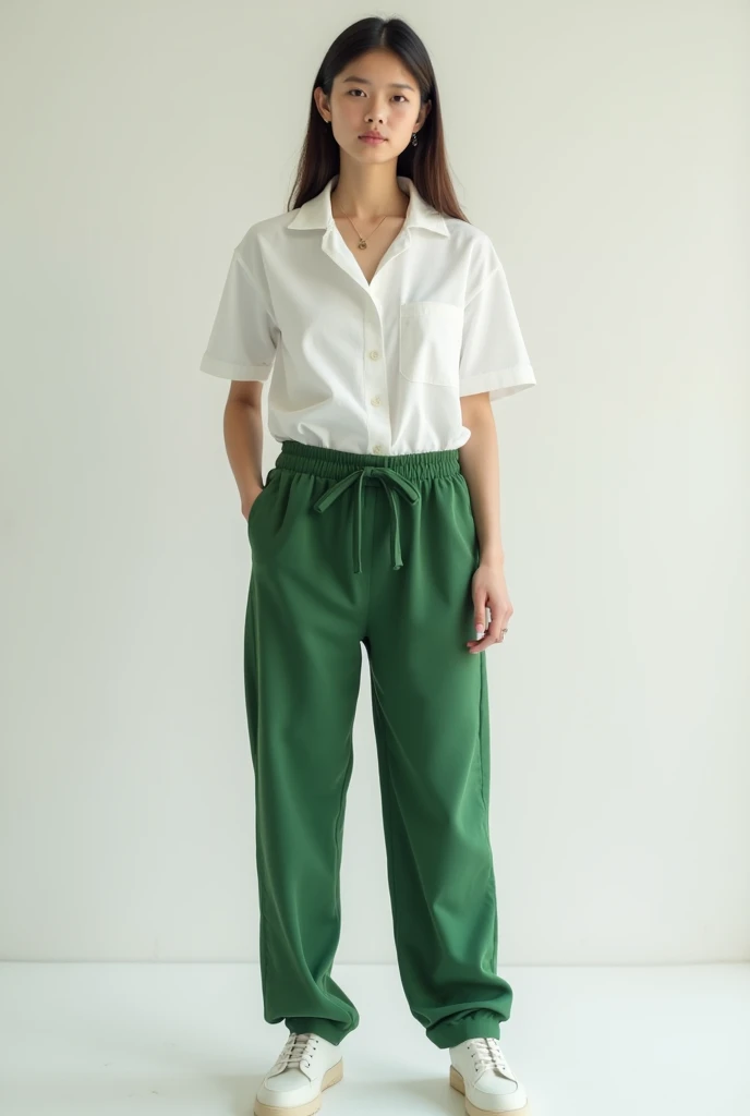 A comfortable anti-fluid set for environmental engineering students that can be worn on any occasion, with colors between white and green, where the shirt is short-sleeved and the pants are sweatshirt-style.