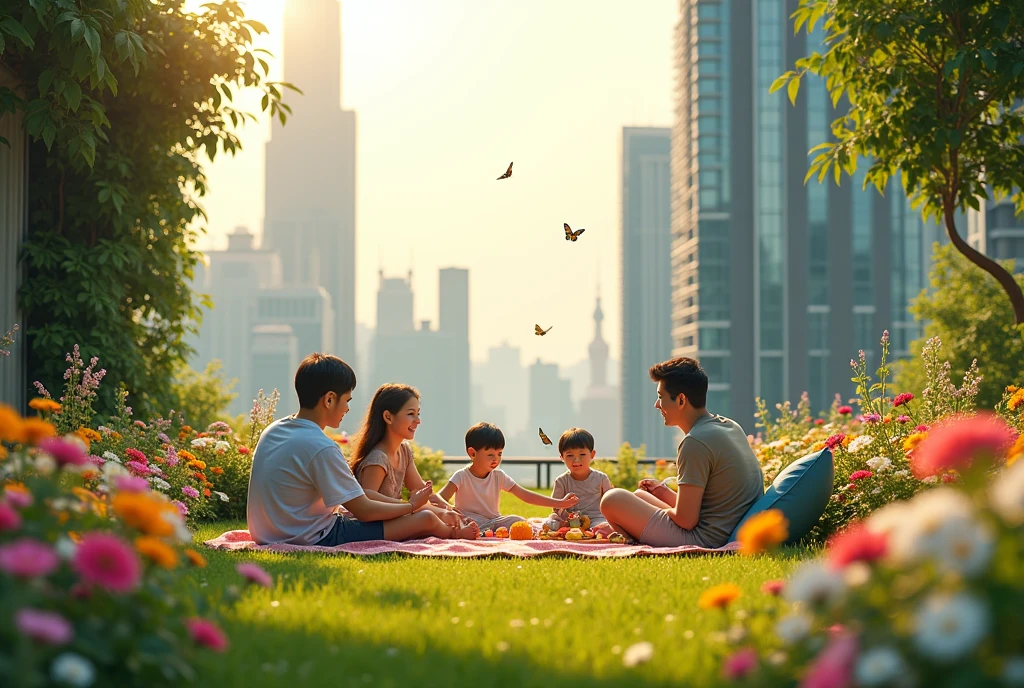 A family picnicking on a lush rooftop garden, surrounded by skyscrapers adorned with greenery. Children chase butterflies amidst blooming flowers, while parents relax, bathed in warm sunlight.