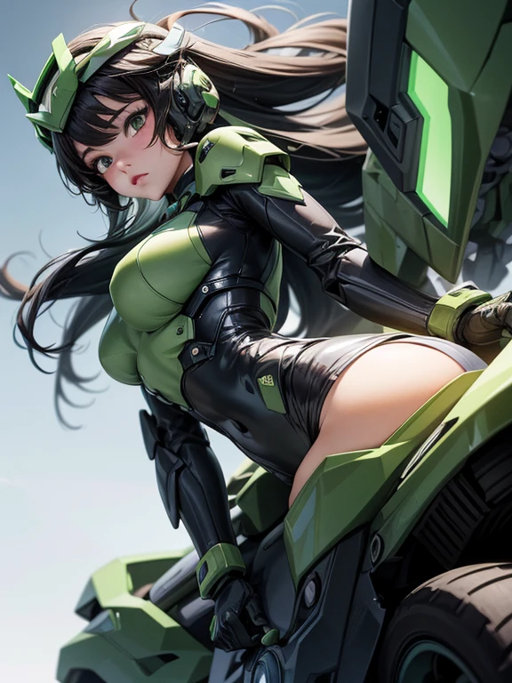 Highest image quality, outstanding details, ultra-high resolution, (realism: 1.4), the best illustration, favor details, highly condensed 1girl, with a delicate and beautiful face, dressed in a black and green mecha, wearing a mecha helmet, holding a directional controller, riding on a motorcycle, the background is a high-tech lighting scene of the future city.