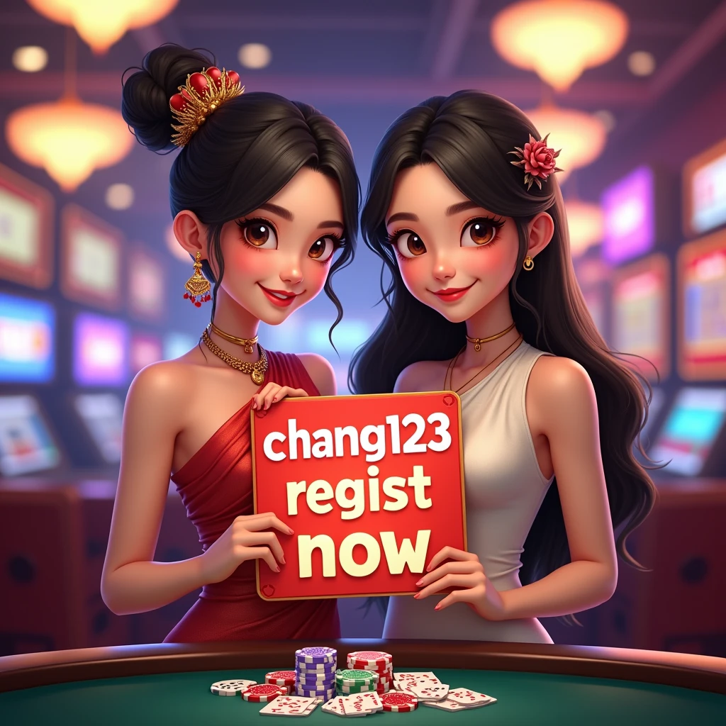 PG SLOT >> [chang123th.featuring] Direct web, upper body, two beautiful Thai women holding a sign "CHANG123 REGIST NOW" Cheerful, Happy, Casino Background, Thai Dress, Real Cartoon Pixar, Broken Chest, Standing Behind Poker Table, White Skin ,
