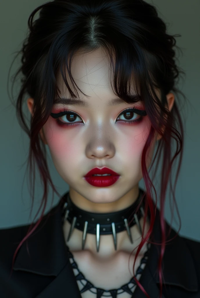 A Korean girl with gothic style. She has dark, striking eye makeup., dark red lipstick on the lips. Her hair is short and slicked back with some red highlights.. She is also wearing a spiked leather necklace that complements the edgy, alternative look.. She looks directly into the camera with an intense gaze., the head is tilted slightly to the side but she is facing forward. Medium shot