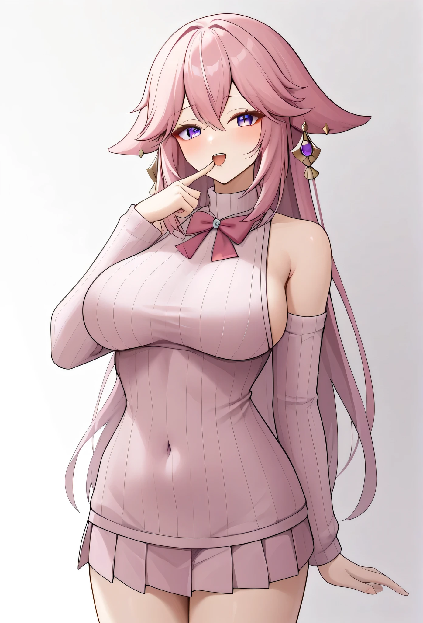 score_9,score_8_highly,score_7_highly,Bachong, alone, finger_To_mouth shut, Pink_chemise, Pink_theme, plain_backdrop, 1 girl, long_sleeve, open_mouth shut, pleated_Rock, breasts, seek_at_Toschauer, Pink_sweater, White_backdrop, White_chemise, Pink_Ribbon, sleeve_Past_wrists, highres, most absurd, sleeveless_sweater, hole body, atde füsse vorne,