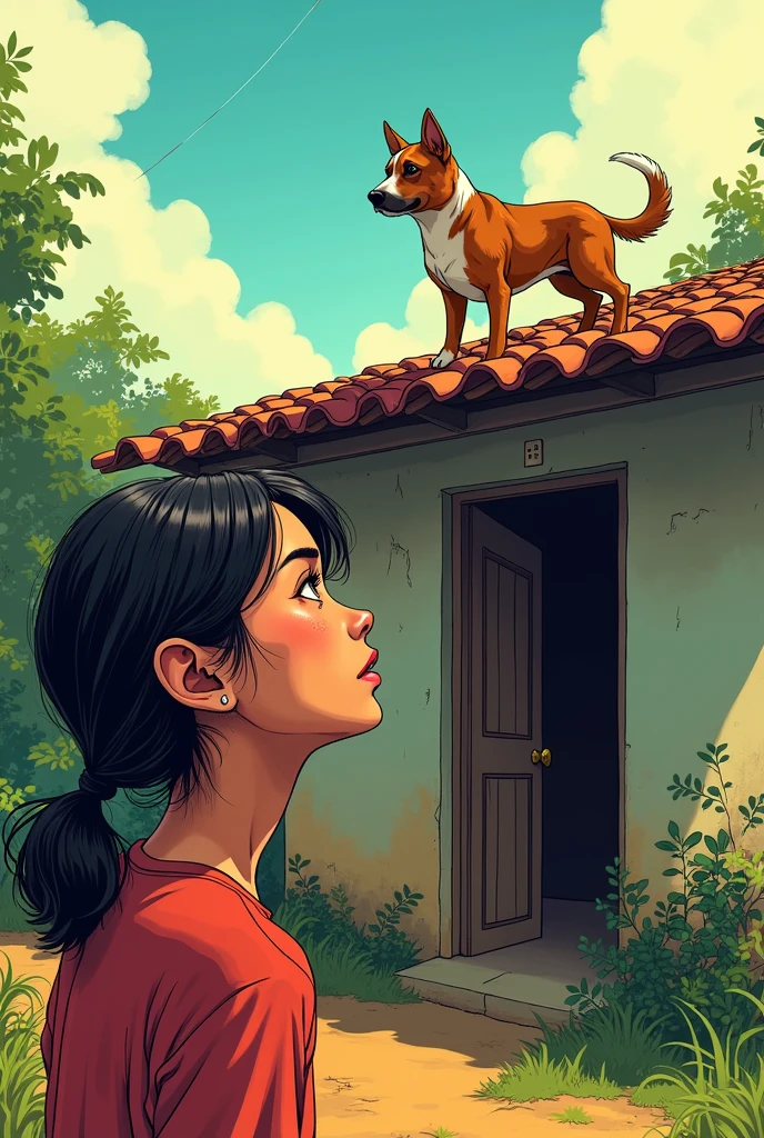 Woman looking at the roof of her house, a dog is on the roof trying to get down. Simple house in Brazil. manga style.
