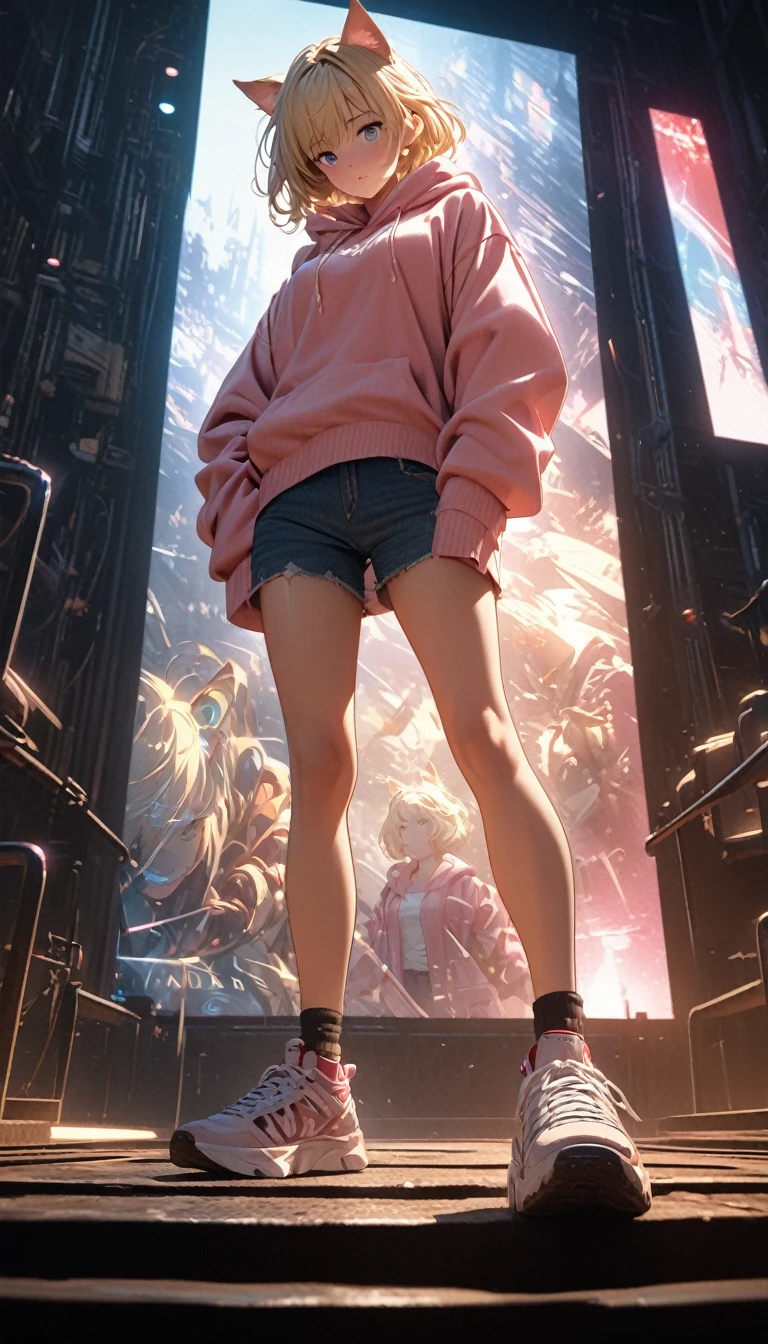 Blonde Hair、Short Hair、Cat ears of the same color as the hair、Plain pink hoodie、Denim hot pants、sneakers、Pure white background，Depth of written boundary，Low angle view，Calf Level View，Overclocked Renderer，Cinema Lighting，Ultra-fine，Very detailed，complicated，Cinematic Perspective，CG Art，