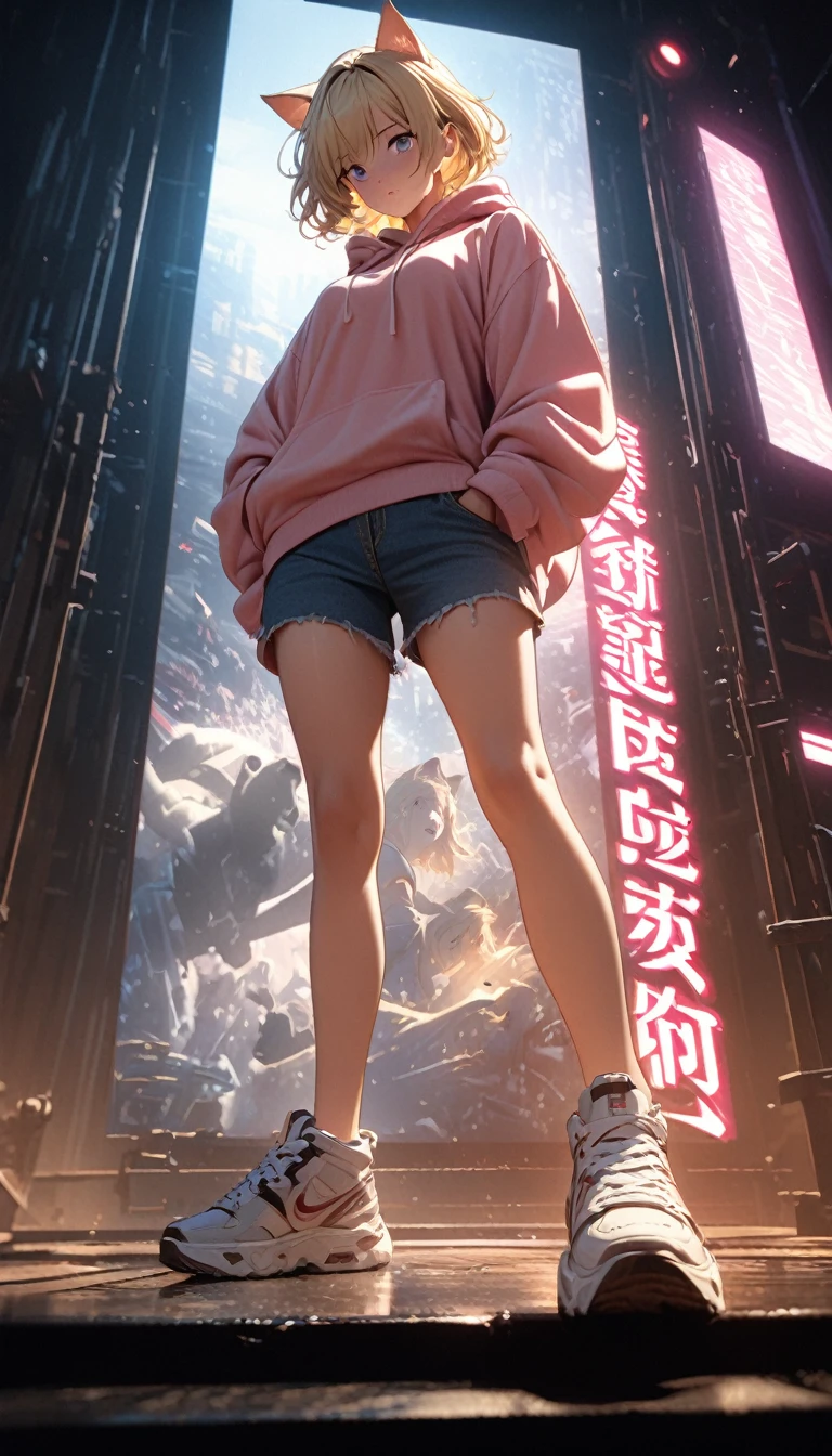 Blonde Hair、Short Hair、Cat ears of the same color as the hair、Plain pink hoodie、Denim hot pants、sneakers、Pure white background，Depth of written boundary，Low angle view，Calf Level View，Overclocked Renderer，Cinema Lighting，Ultra-fine，Very detailed，complicated，Cinematic Perspective，CG Art，