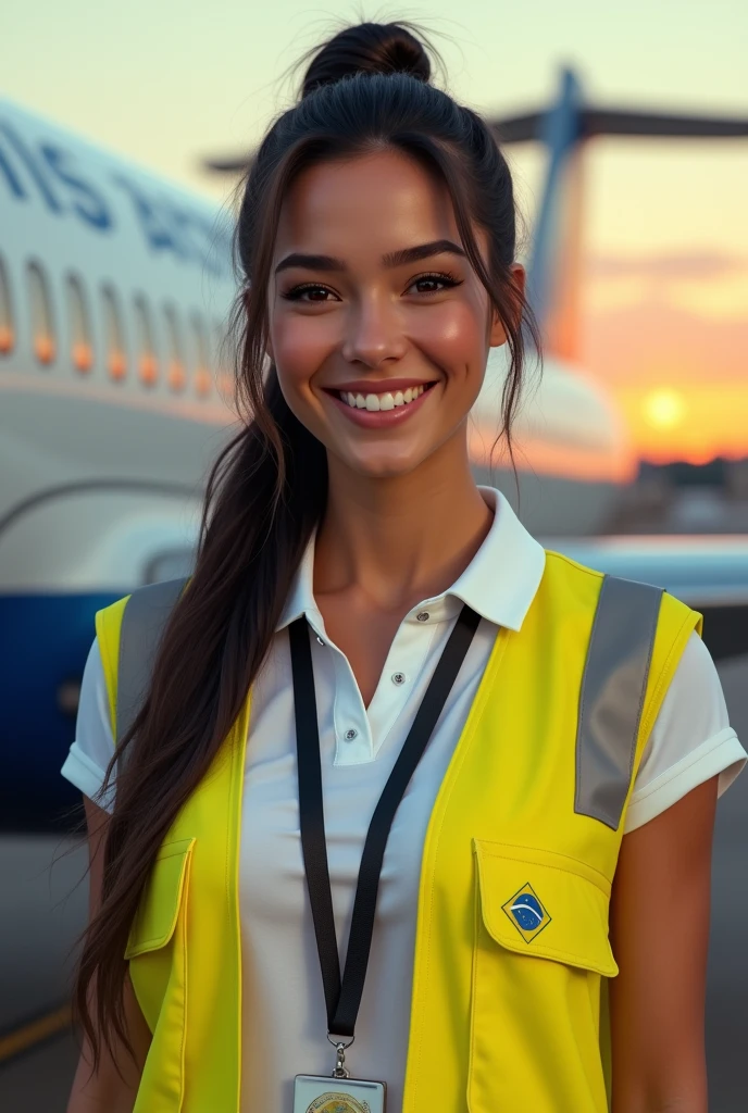(photorealism: 1.2), hot brazilian sexy girl in sexy dynamic pose. raw portrait photography, hyper realistic and detailed face, complex and realistic skin texture, hot body, athletic body, smiling, long black hair tied up, white work polo shirt welcoming travelers with a airport badge black around his neck, EPI yellow vest, with airbus in the background sunset