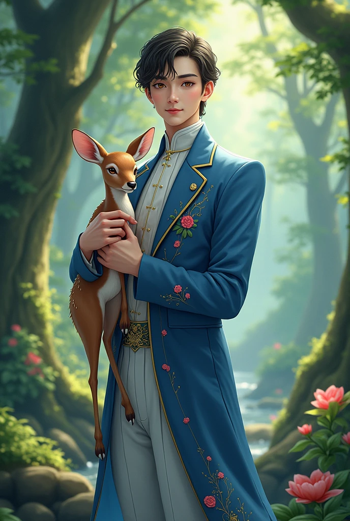 (anime)
Create the prince of vegetables A human man dressed in blue accompanied by his pet baby deer 