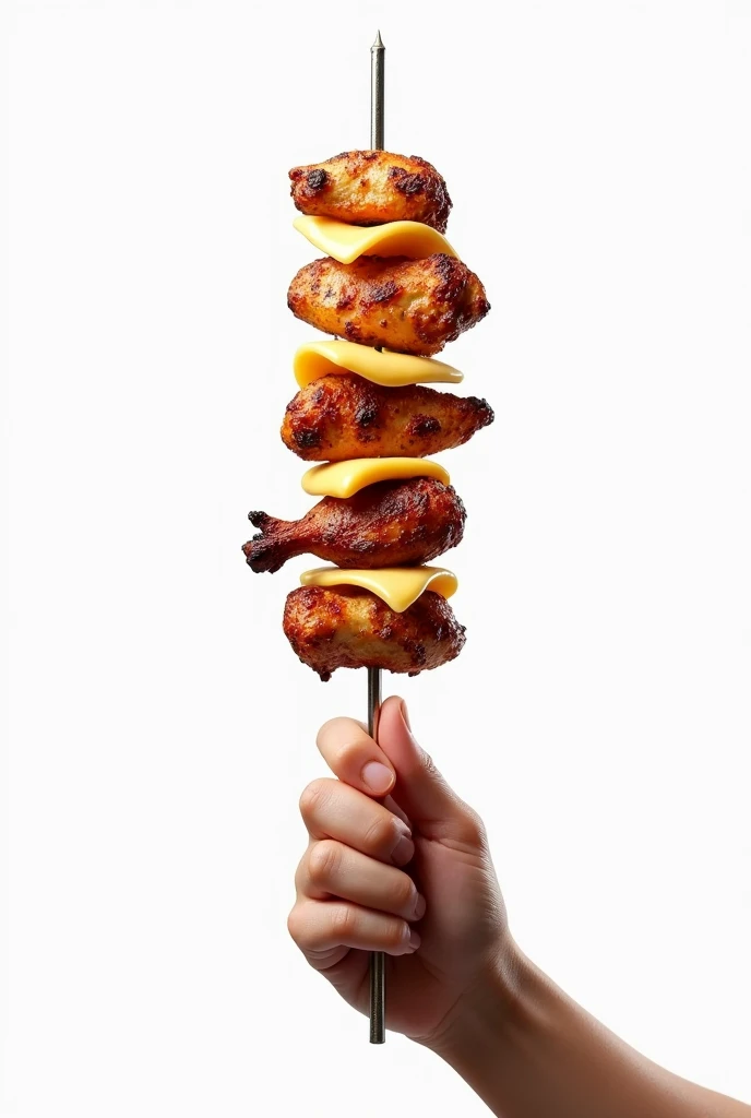 Create a hand holding a meat skewer, chicken, Mixed, kafta and cheese with white background realistic image