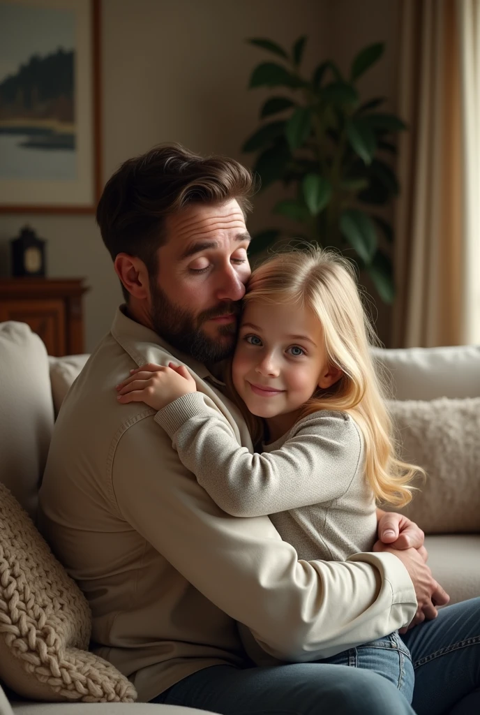 (Photorealism:1.1) blonde blue eyed   8 year ing her father dark brown hair and brown eyes in the living room in home 8k ultra realistic super detailed