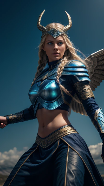 Pegasus mounted VIKING,
FLYING HIGH IN the SKY portrait of a fit teenaged model as Valkyrie, winged/horse Pegasus, flying above over ruins of a smoldering Viking battlefield, blond braids fling wildly, carrying a long pointed oak spear, looking down from above she swoops in from out of clouds,
wearing shining ornate Viking runes shield and armor, up above a majestic northern lights shimmering, Scandinavian woodland backdrop, detailed, candid moment, vintage Polaroid camera, photorealistic