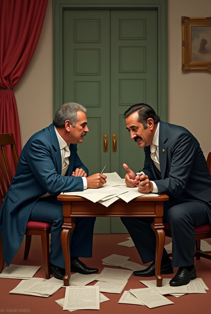 Jose de la Mar and Fernanodo Tangle, both dressed in republican clothing from the era of Peruvian independence, sitting at a table full of papers, having a dispute over who will take over as President of Peru.