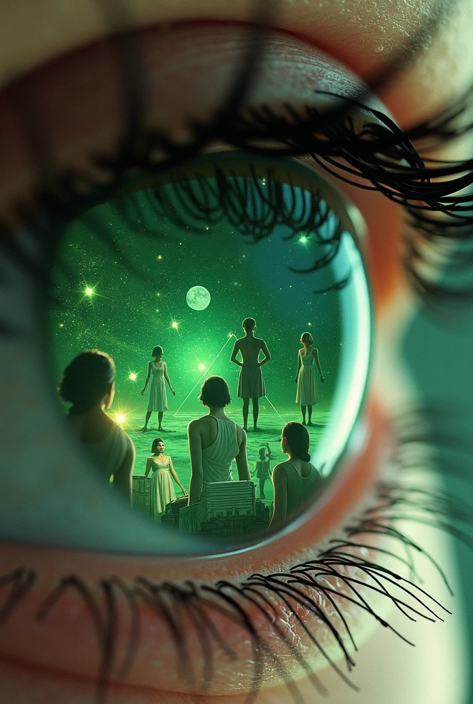 surreal macro shot of a female eye, green iris, in the eye are many exciting female figures visible with geometric shapes, ultra detailed, the eye is the window to the soul'