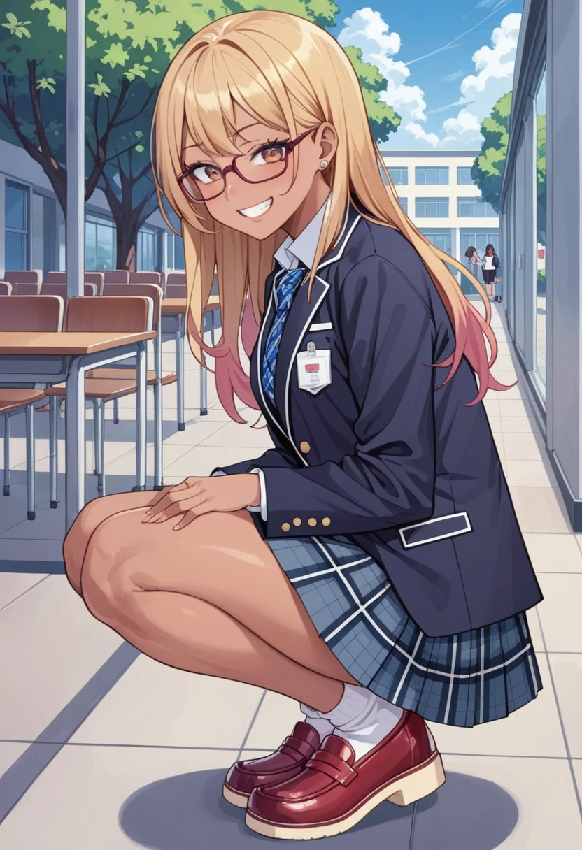 (anime girl),(squat),1girl, glasses,  jacket, long hair,, plaid, plaid skirt, school uniform, shoes, shuujin academy uniform, skirt, from behind, outdoors, smile, school cafeteria, 
masterpiece, best quality,  blonde hair, tanned skin, dark skin, gyaru,bronze skin