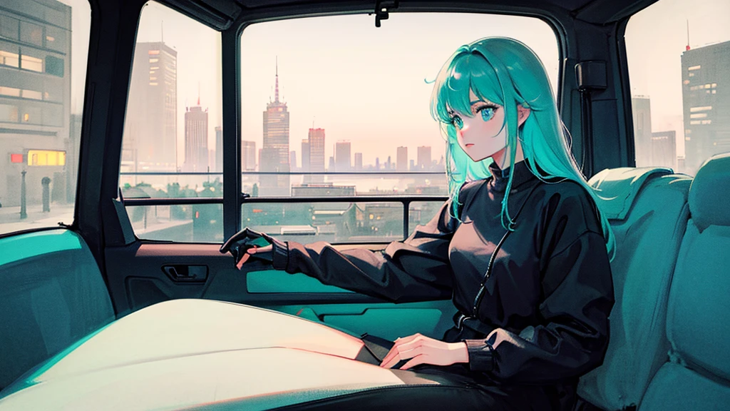 Create an image from the angle inside a car, showing a woman with a thoughtful expression on her face as she gazes out of the side window at the cityscape. The city outside should be visible, illuminated by streetlights and neon signs. Use soft, pastel colors and subtle gradients to capture a dreamy, reflective atmosphere. Ensure the interior of the car feels cozy and comfortable, adding to the overall serene vibe.futuristic city
