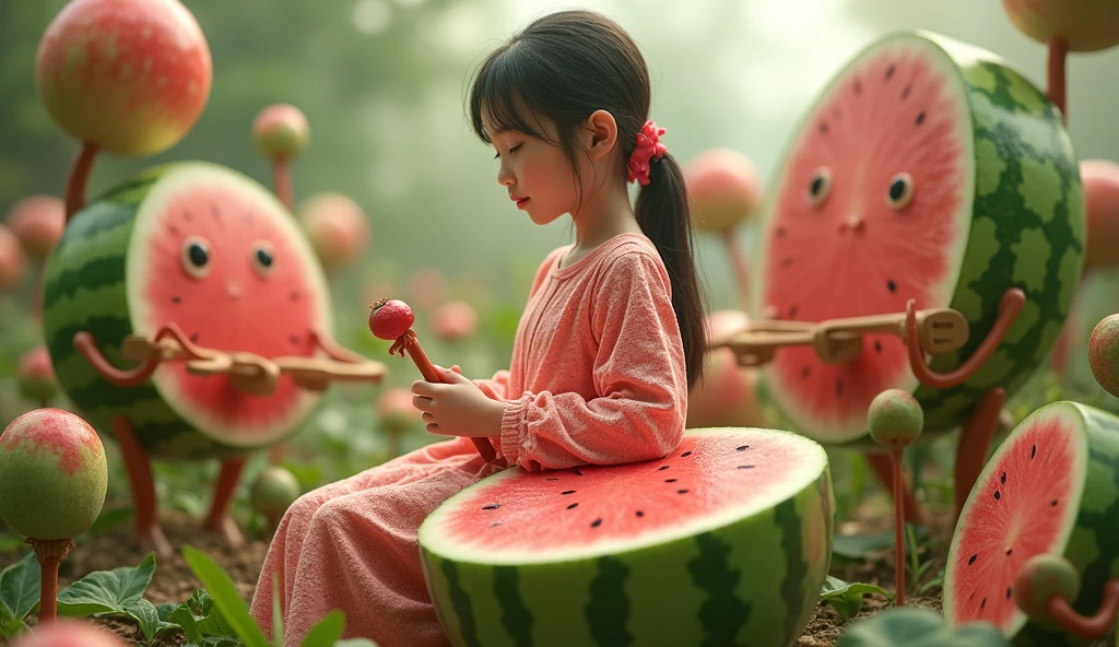 (8k, best quality, photorealistic, realisti), a pretty 18yo japanese female model with pink watermelon skin and features, include the seeds in the clothing patterns, she is playing on bongo drum in the shape of a giant watermelon in a surreal garden world, surrounded by other fruit and vegetable creatures, they are all friendly and happy.