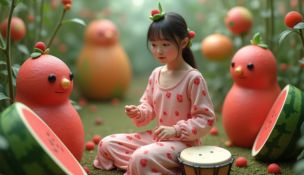 (8k, best quality, photorealistic, realisti), a pretty 18yo japanese female model with pink watermelon skin and features, include the seeds in the clothing patterns, she is playing on bongo drum in the shape of a giant watermelon in a surreal garden world, surrounded by other fruit and vegetable creatures, they are all friendly and happy.