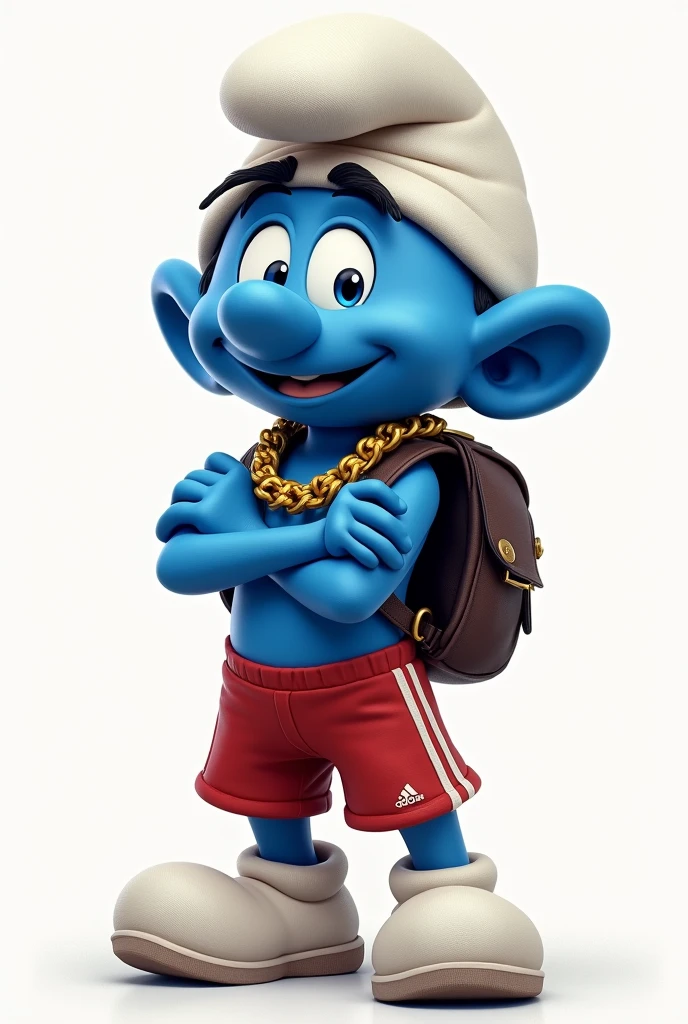 Create a smurf image, marrento, with gold chain around his neck, backpack on back, with futsal player shorts, crossed arms, simple smile, smurf eyes.
