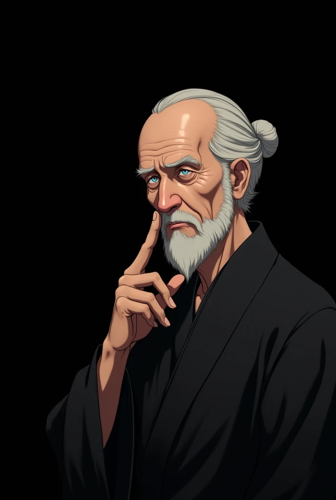 A wise old Japanese man  , The background of the image is black in anime mode, so the old man is on the right of the picture , the old man has no beard, The old man is looking to the left. If he has hair, the old man is looking straight ahead and is making a gesture of silence. 