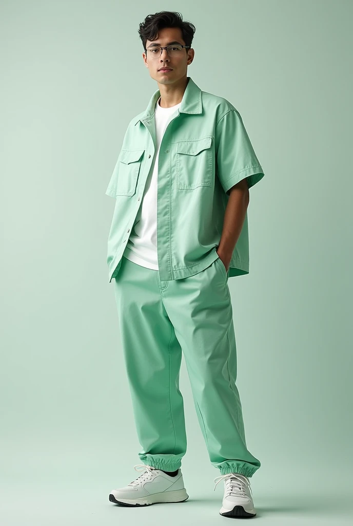 A comfortable anti-fluid set for environmental engineering students that can be worn on any occasion, with colors between white and green, where the shirt is a short-sleeved jacket style and sweatshirt-style pants. 
